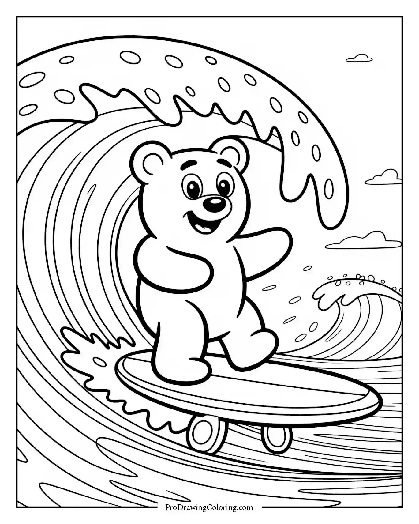 Gummy bear surfing jelly wave in sweet candy ocean