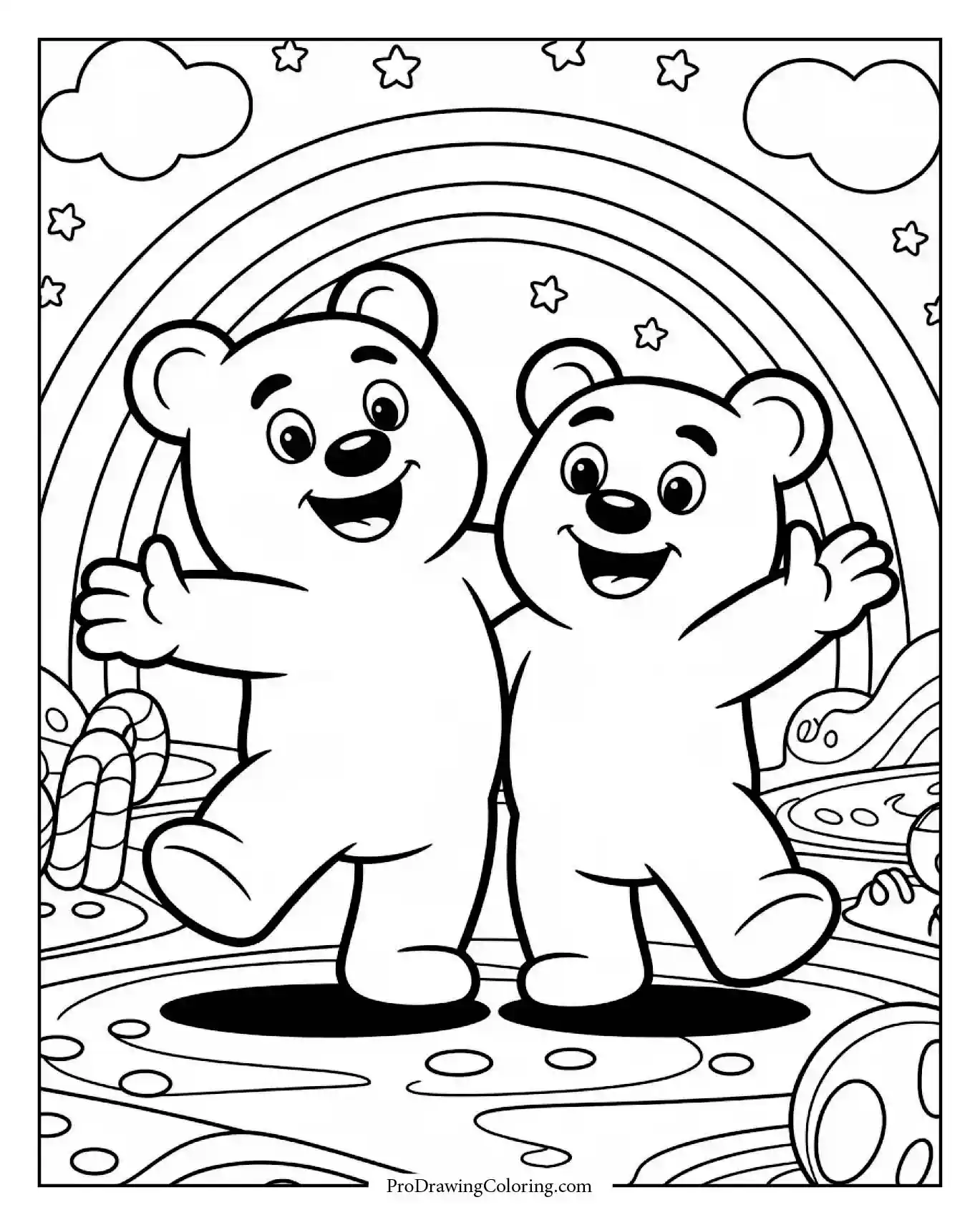 Joyful bear group coloring page dancing under rainbow lights for kids