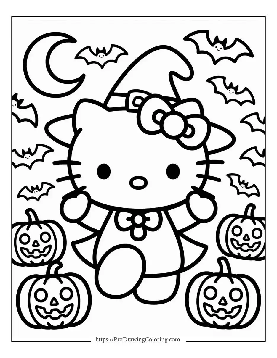 hello kitty dressed for halloween with pumpkins bats and moon, perfect for halloween hello kitty coloring pages