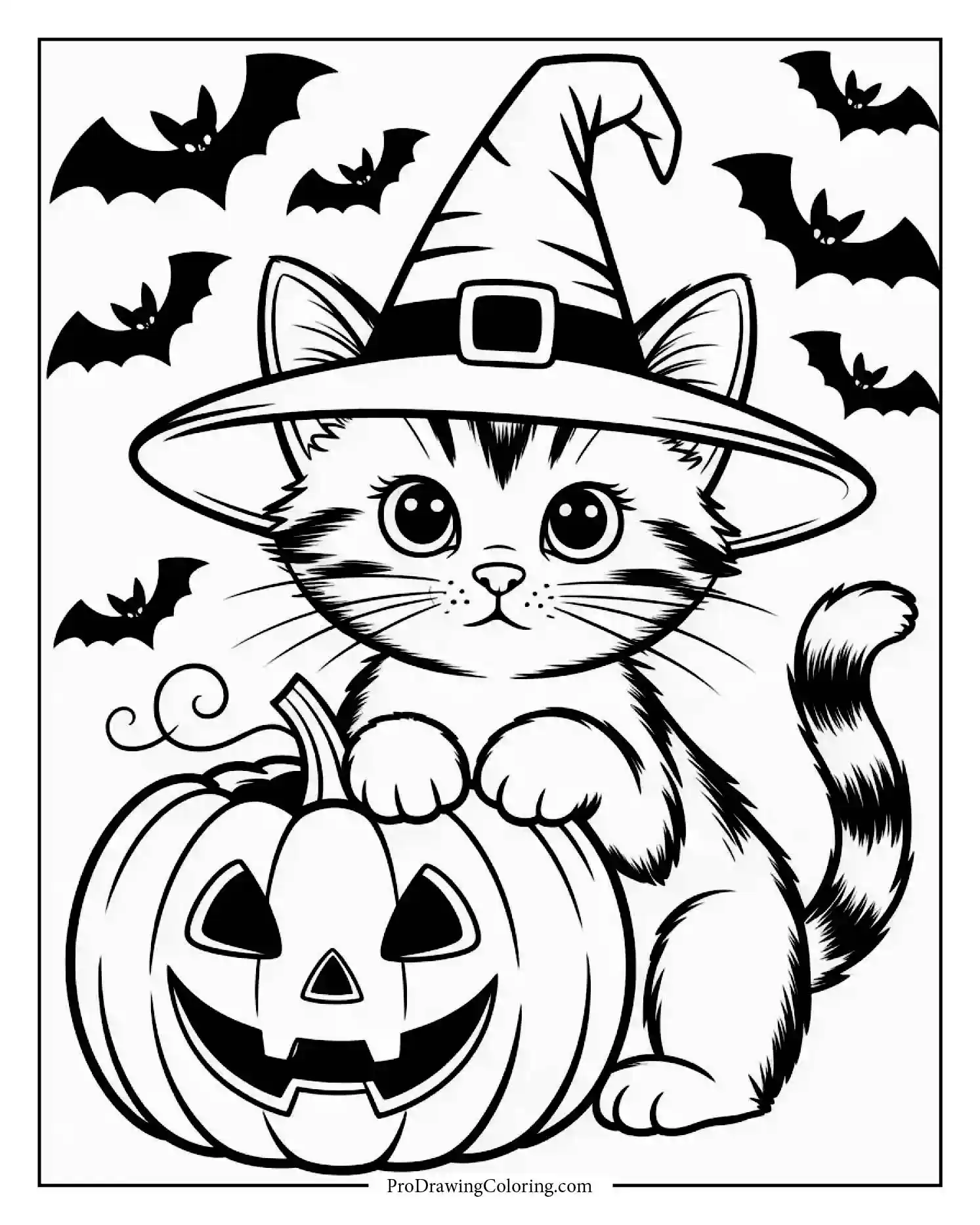 halloween kitten coloring page Halloween-themed kitten coloring page with pumpkins and bats