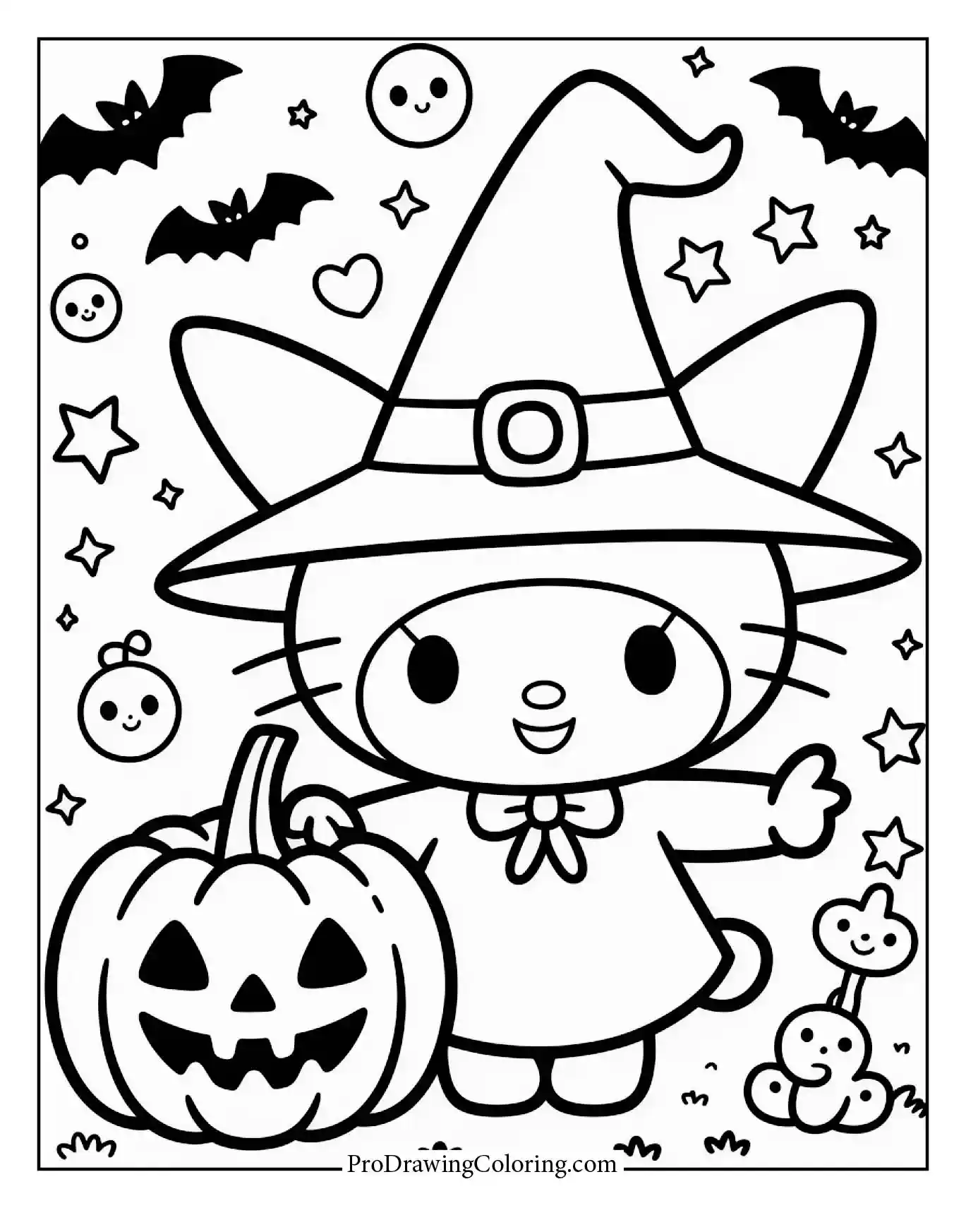 Spooky Kuromi with Halloween costume, printable scene, autumn mood.