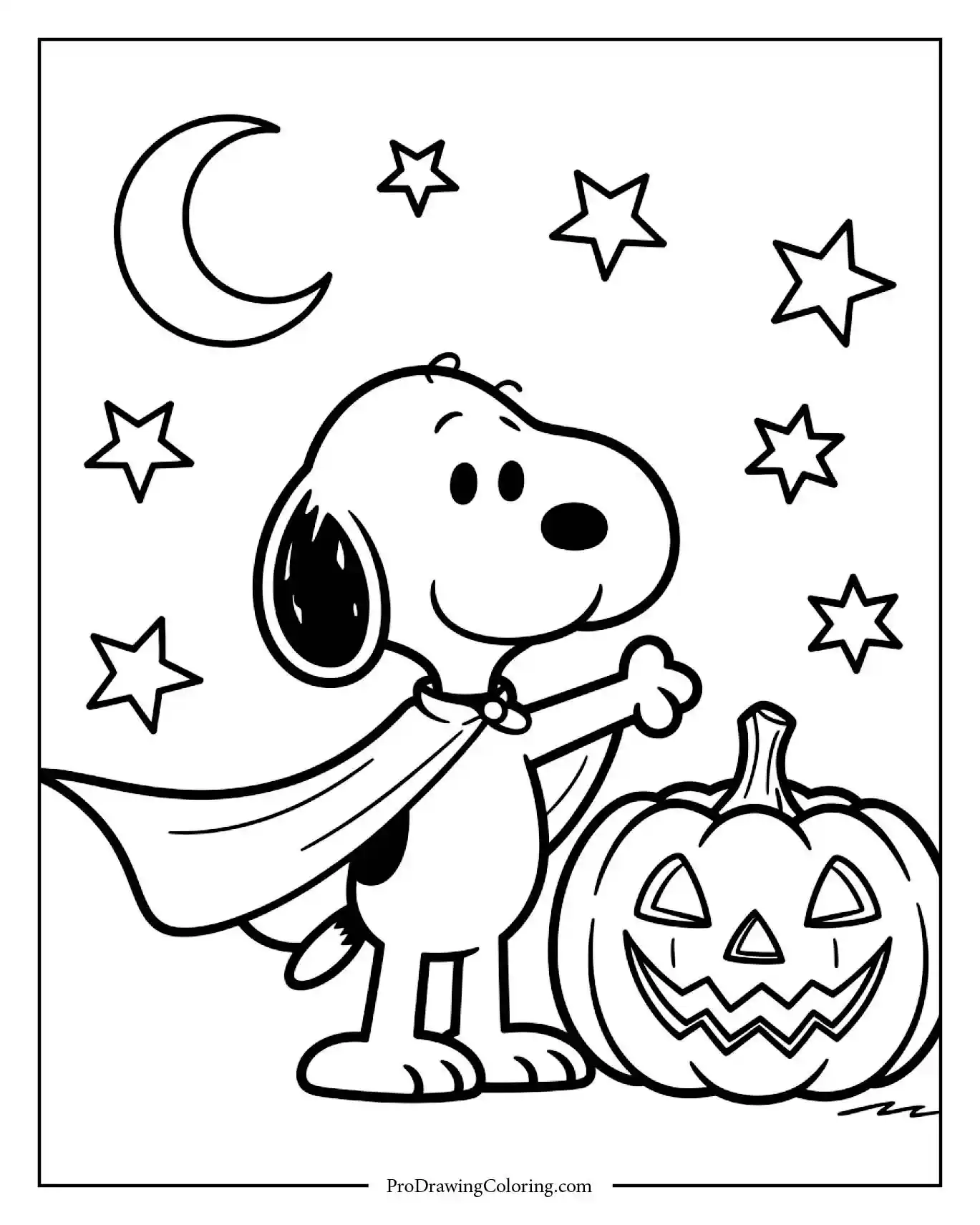 Simple halloween snoopy coloring pages coloring sheet showing the famous beagle dressed as a vampire standing next to a spooky carved Jack-o-lantern and bats.
