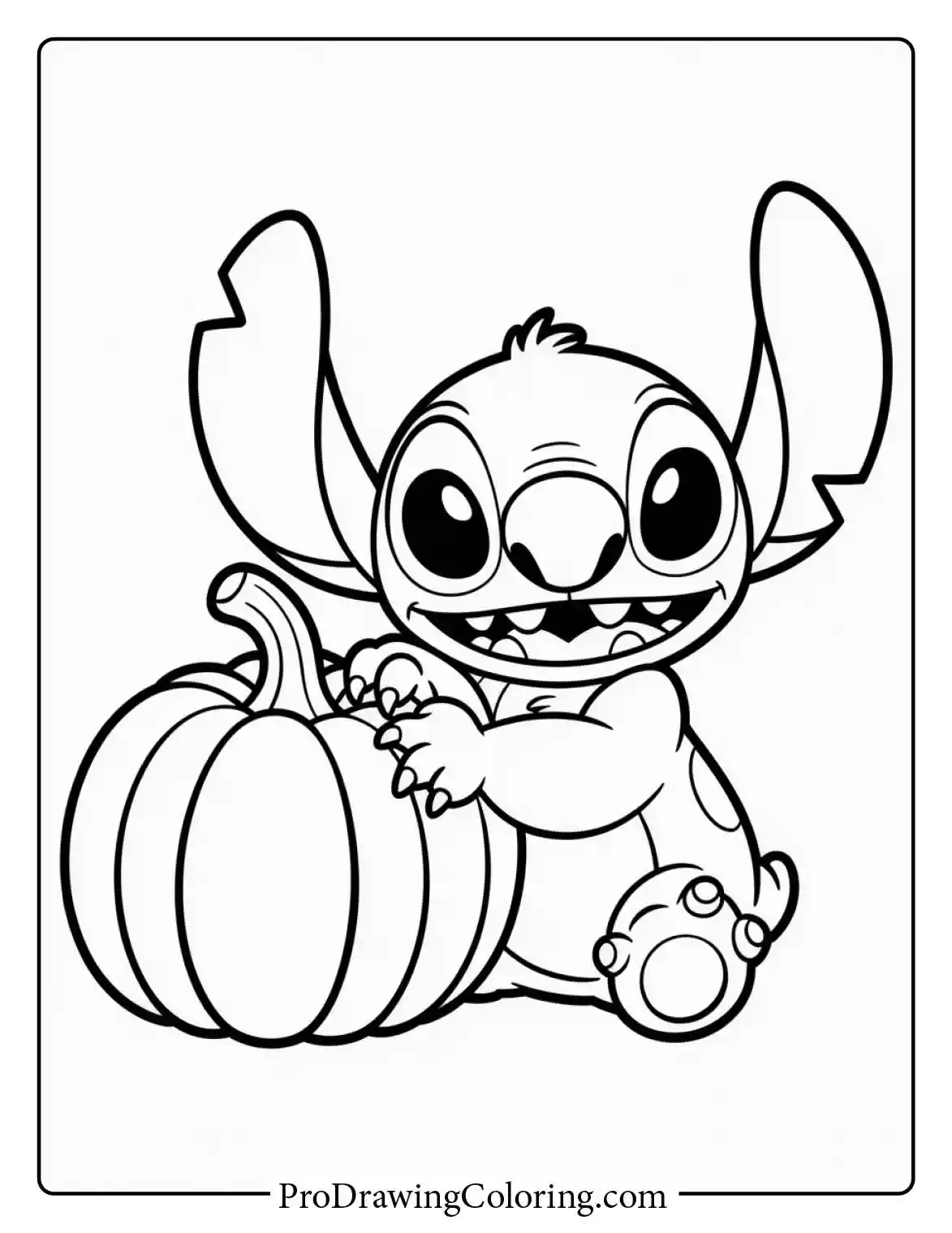 Festive halloween stitch coloring pages of him sitting with a large fall pumpkin.