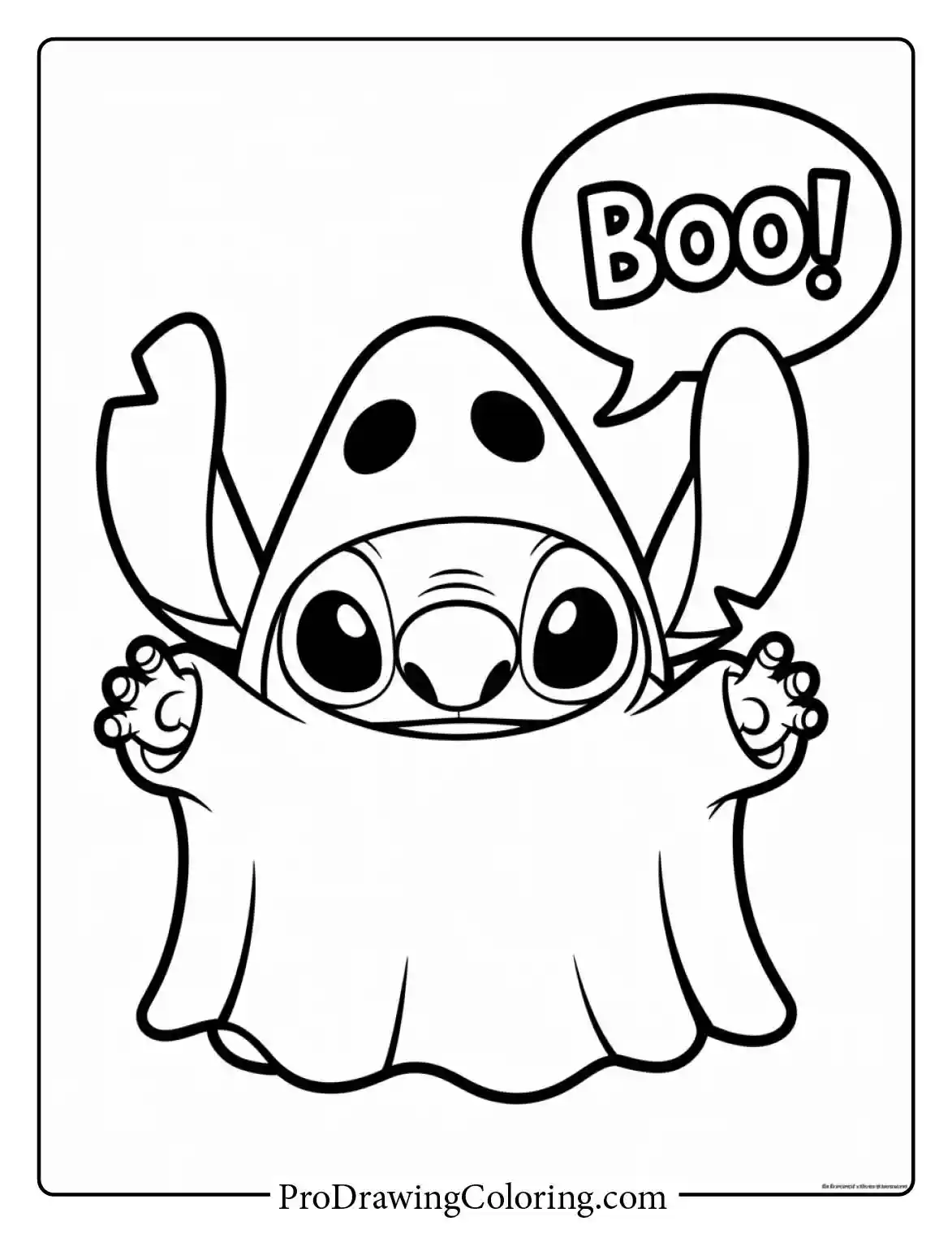 Fun halloween stitch coloring pages featuring a cute easy drawing of him dressed as a spooky ghost.