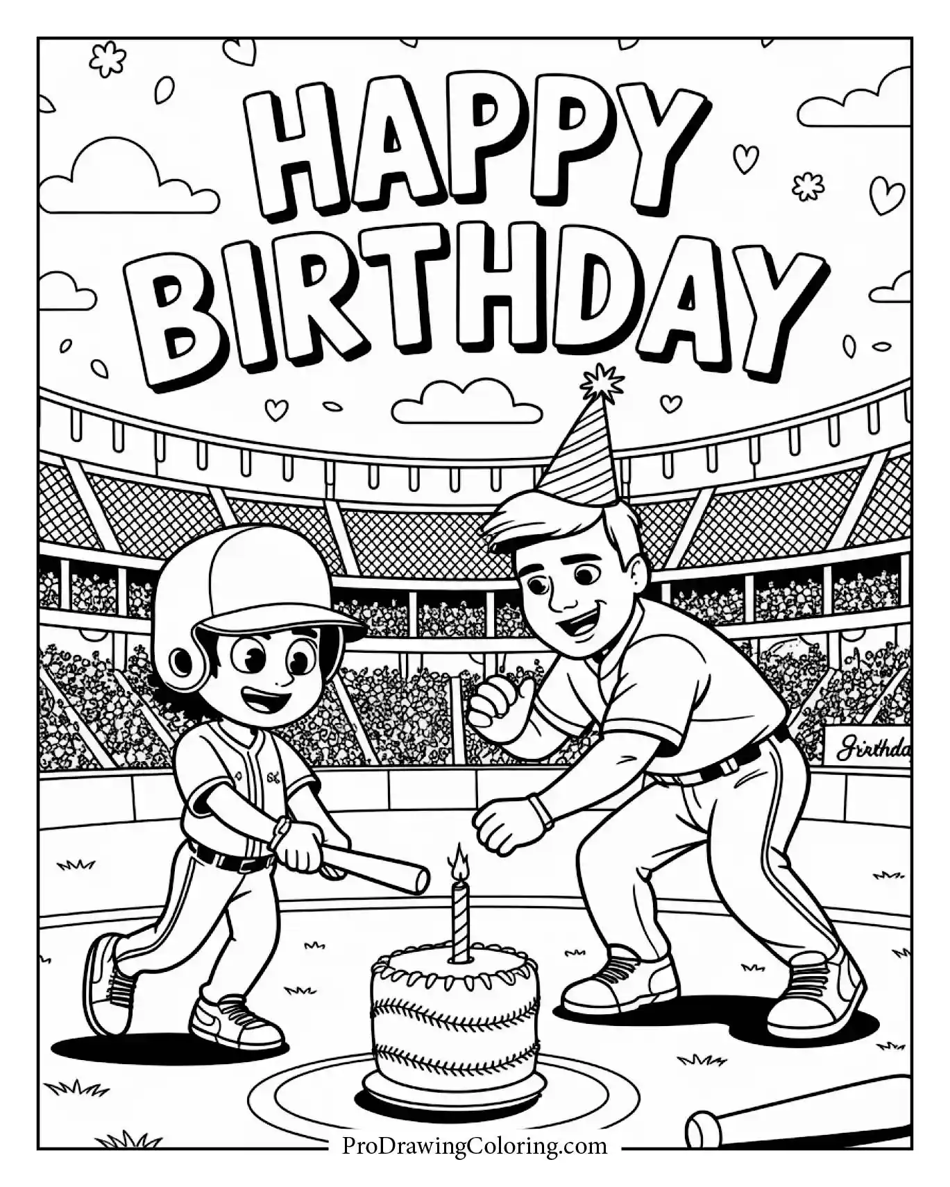A detailed and fun baseball birthday game birthday celebration in cartoon style.