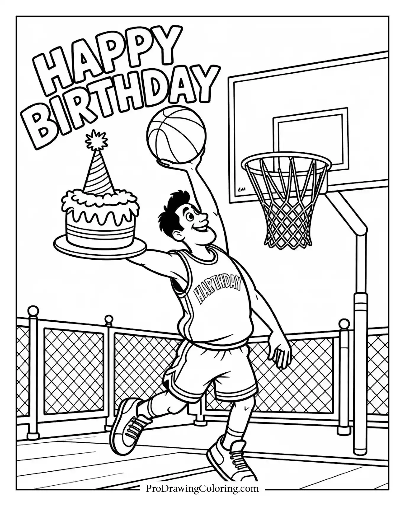 A detailed and fun basketball birthday slam dunk birthday celebration in cartoon style.
