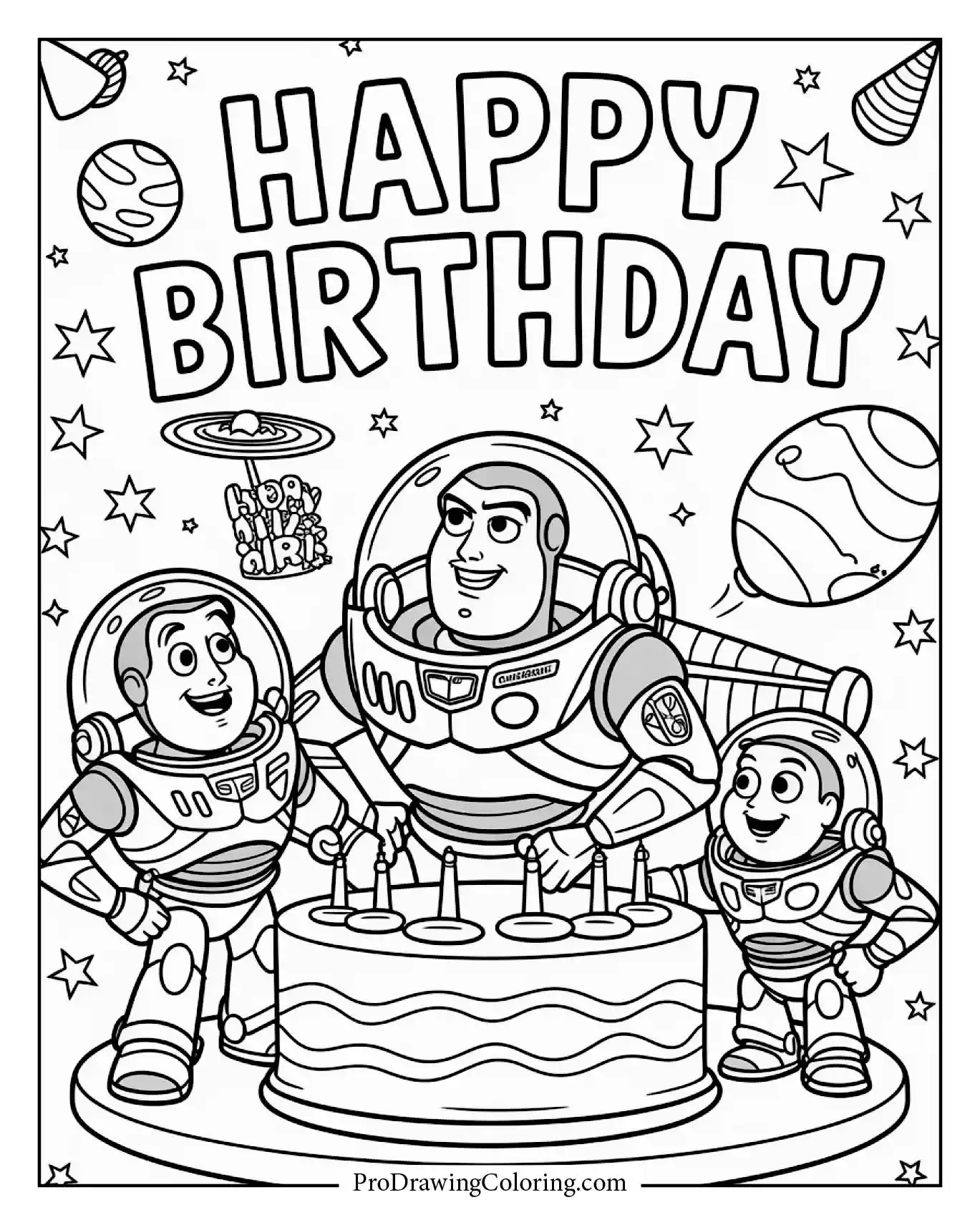 A detailed and fun buzz lightyear space party birthday celebration in cartoon style.