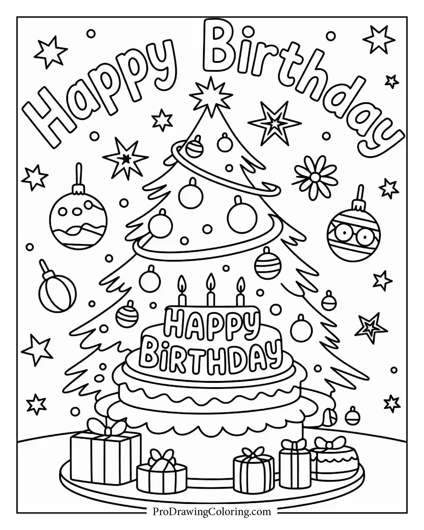 A detailed and fun christmas tree birthday night birthday celebration in cartoon style.