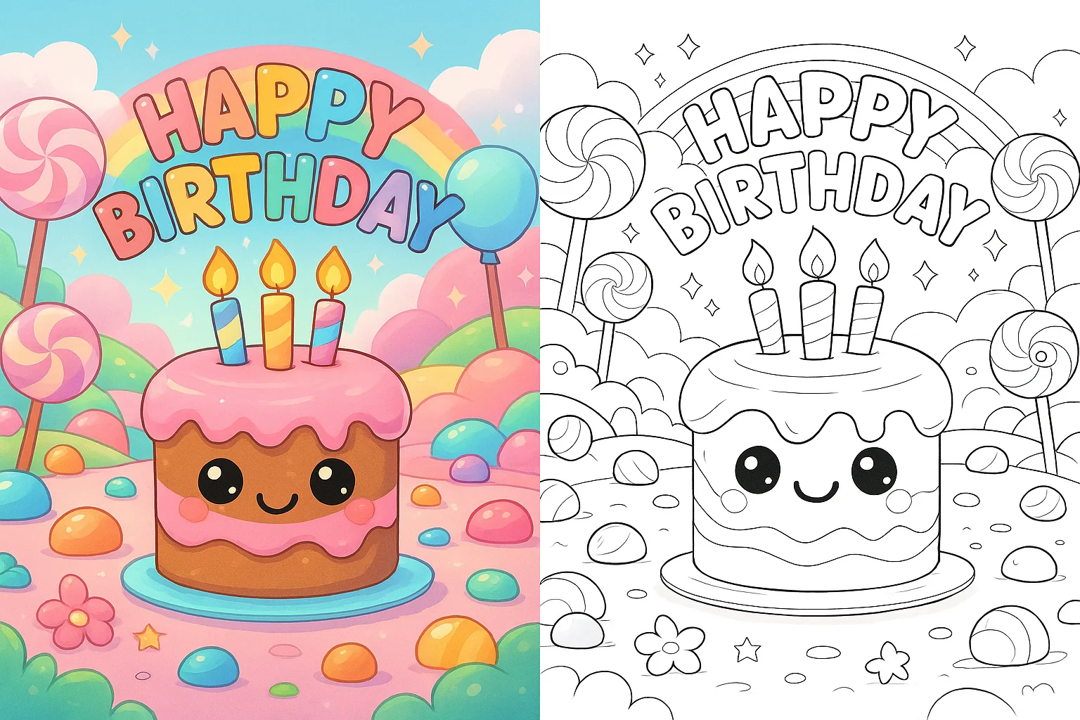 Cute happy birthday coloring pages featuring a kawaii cake with candles in a colorful candyland scene, with lollipop trees, rainbow, gumdrops, and a matching black-and-white version for kids to color.