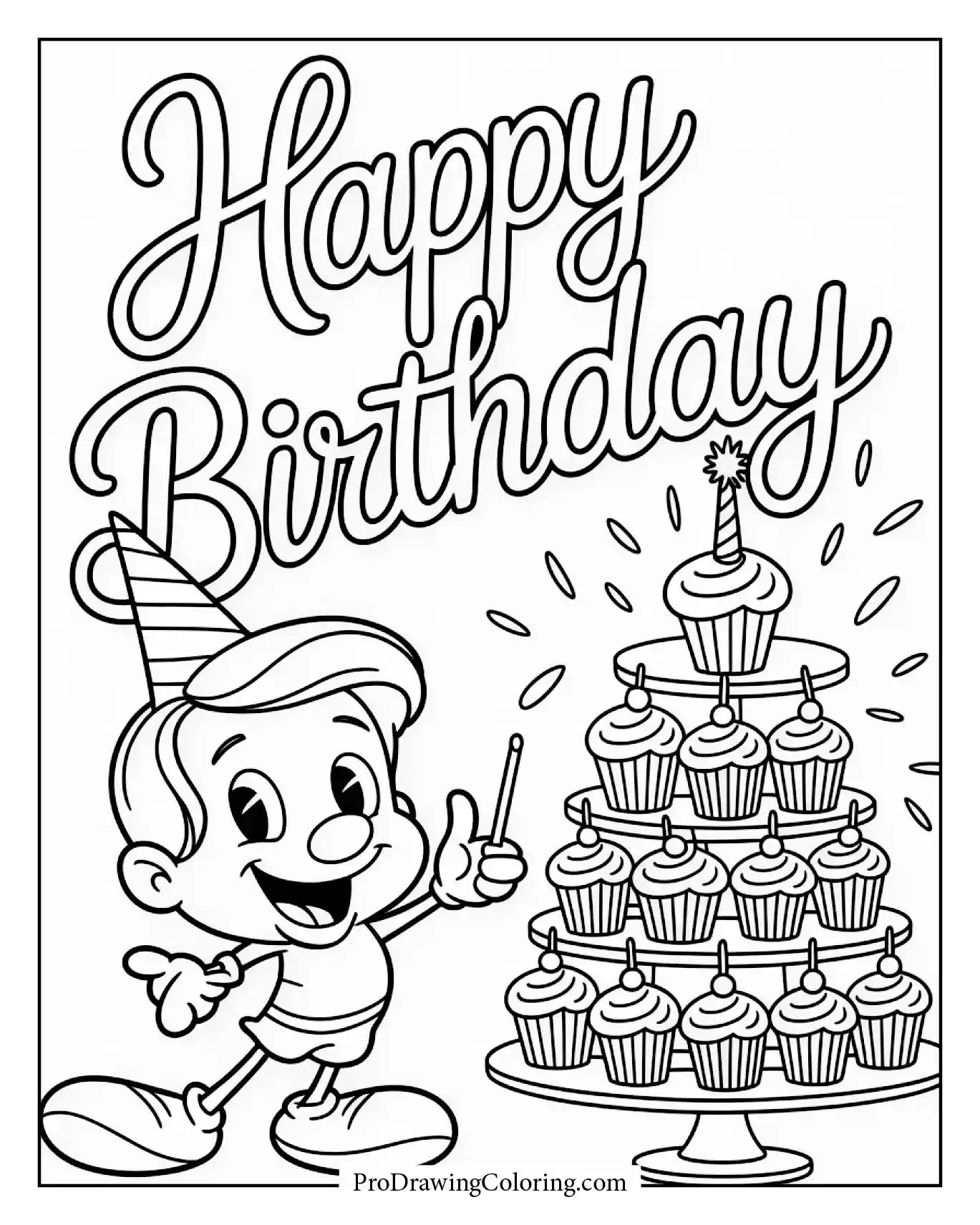 A creative cupcake tower Happy Birthday scene with Ribbon Script, cheerful and detailed.