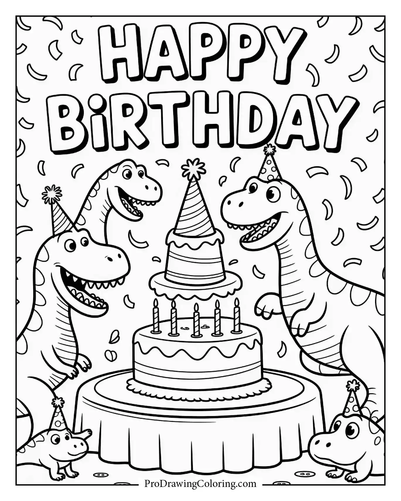A creative dinosaur party Happy Birthday scene with Confetti Font, cheerful and detailed.