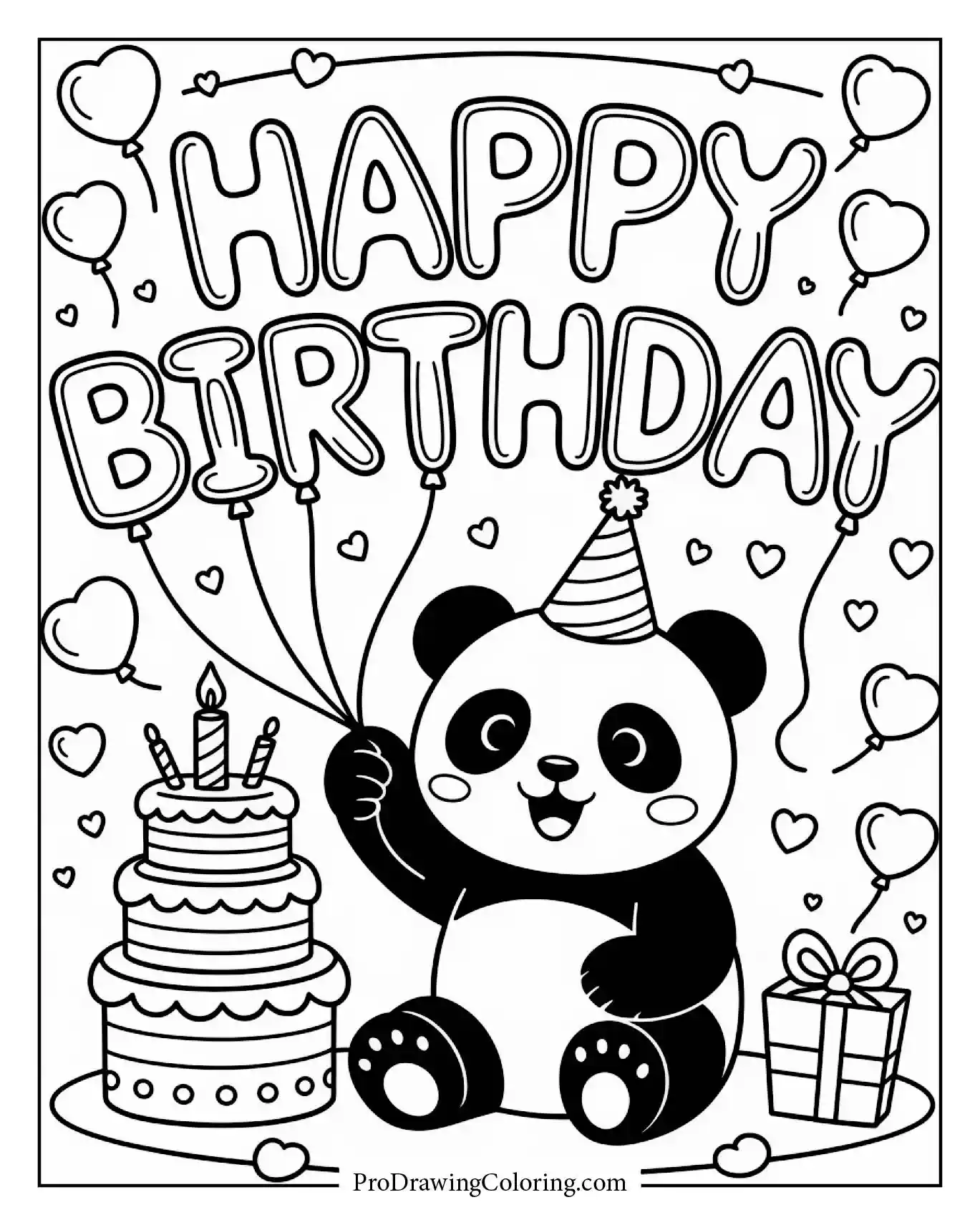 A panda birthday scene with balloons and a joyful atmosphere.