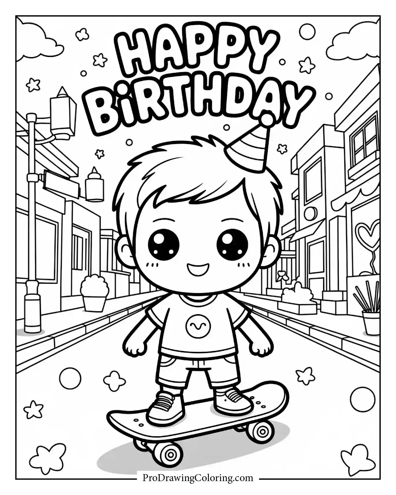 A skateboard street birthday scene with an urban party vibe.