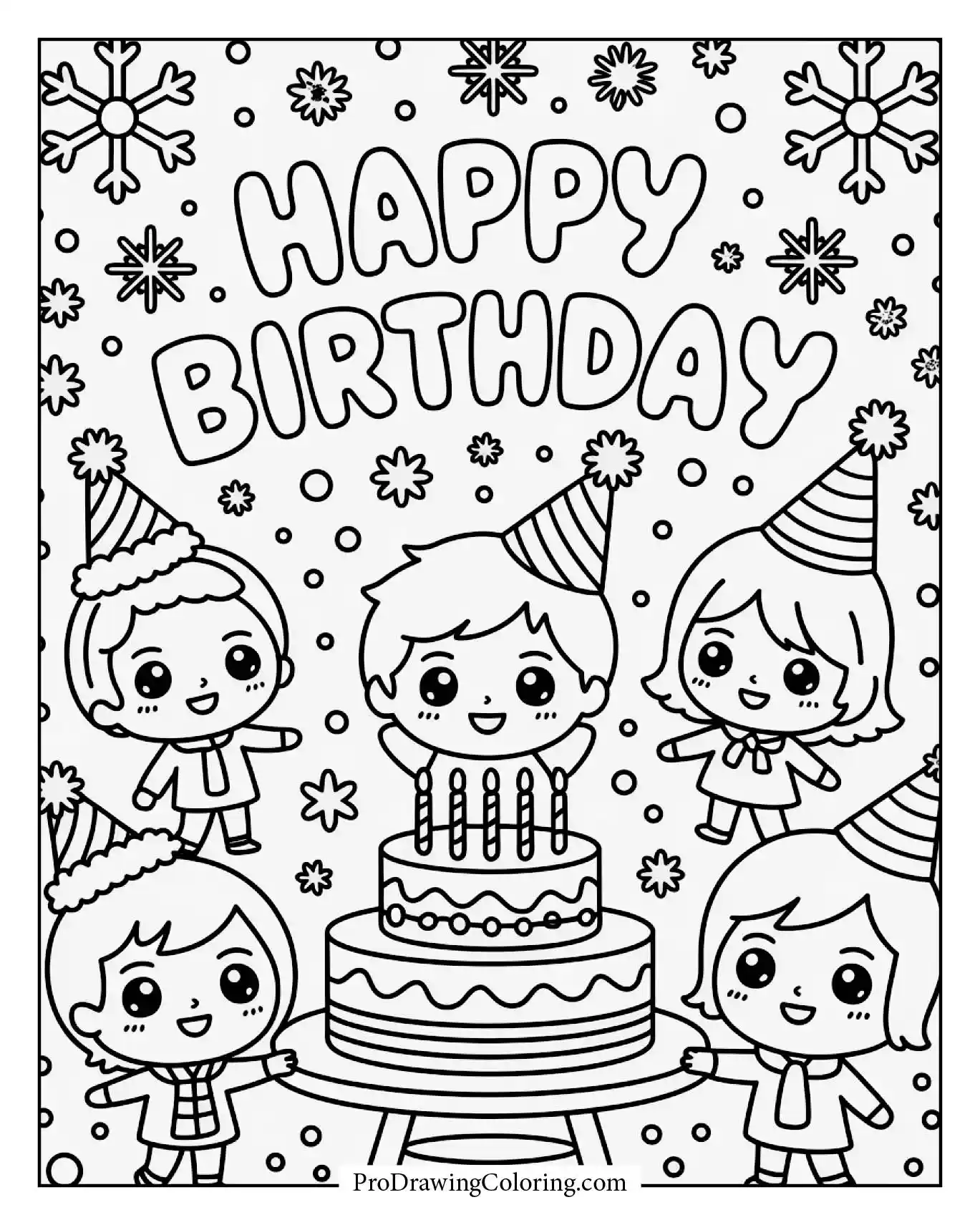 A snowflake winter party birthday scene with seasonal charm.