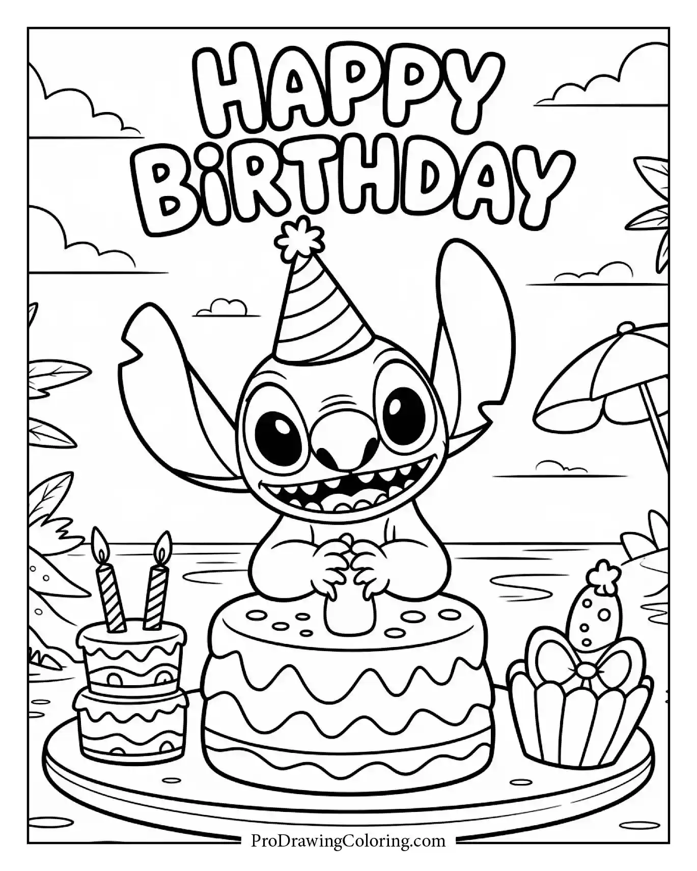A Stitch beach birthday scene with summer fun energy.