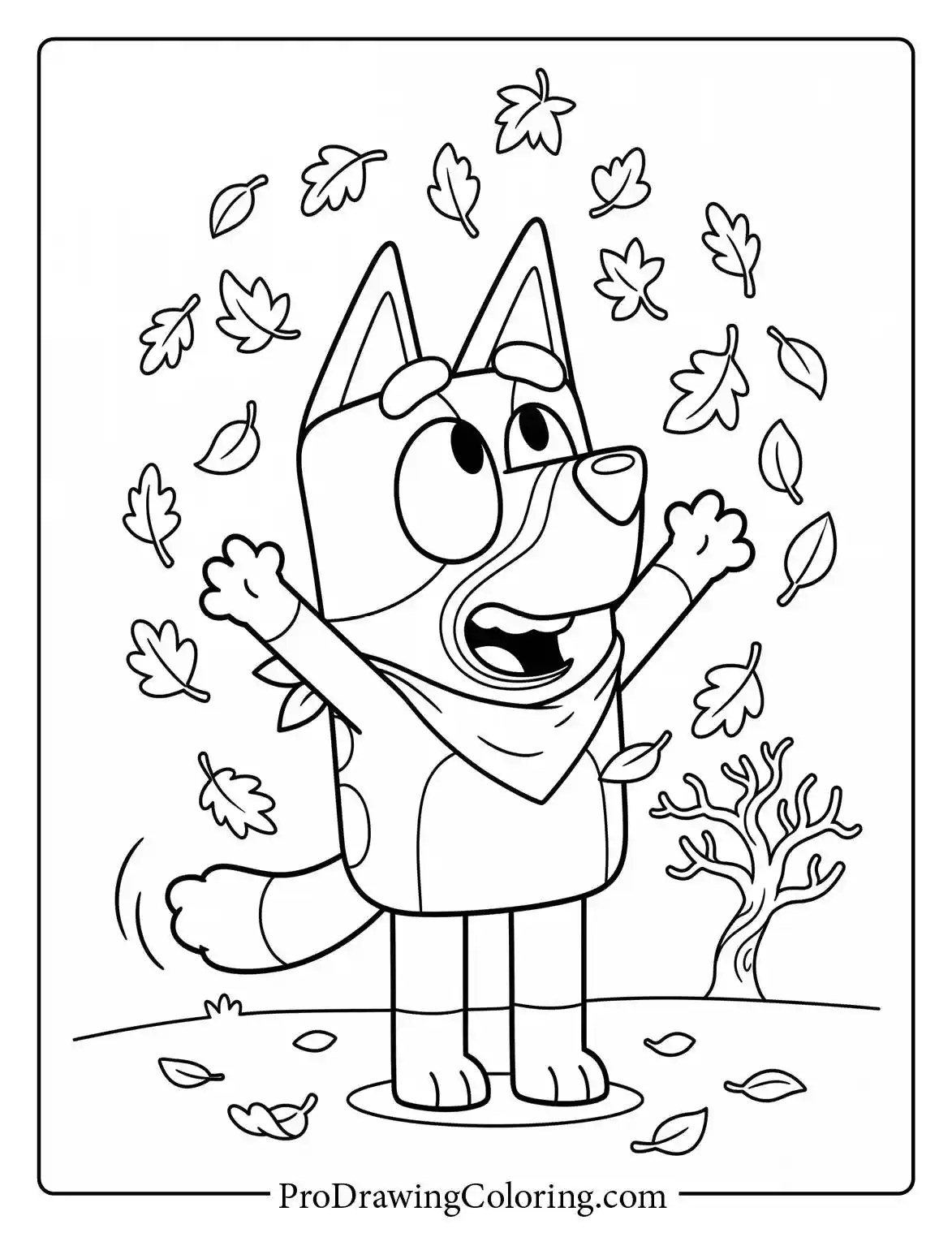 Joyful girl Bluey playing in this free coloring sheet by throwing autumn leaves high in the air.