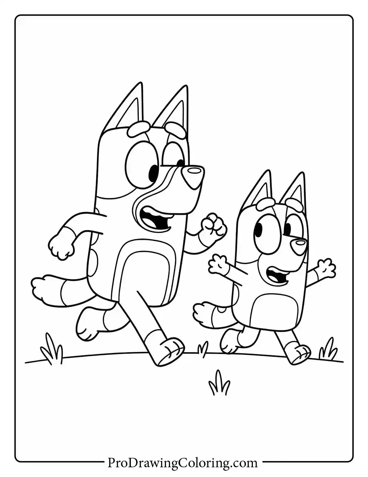 Bluey and Bingo colouring page showing the happy sisters running outside in the yard.