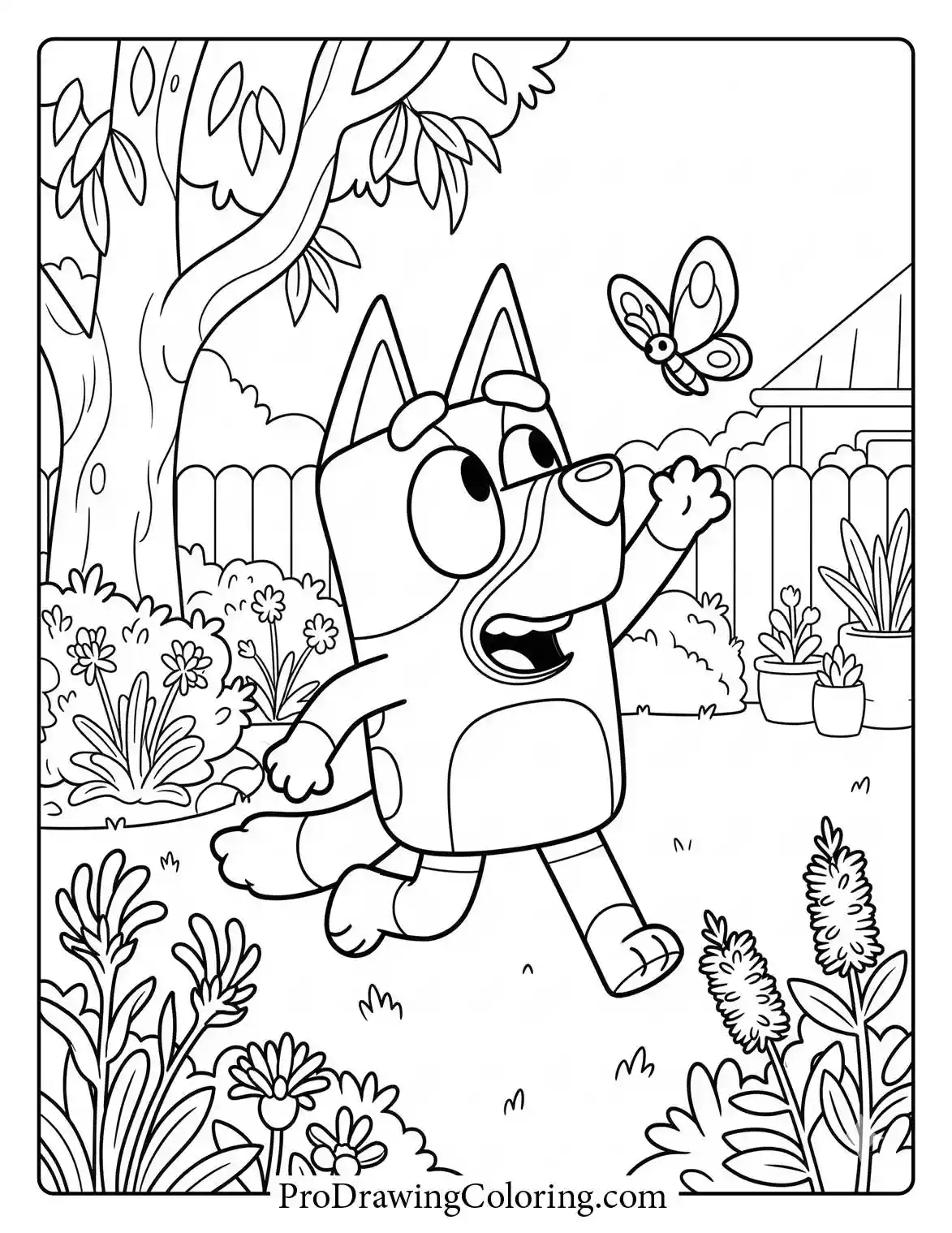 Bluey running in this fun colouring sheet through a flower garden to catch a butterfly.