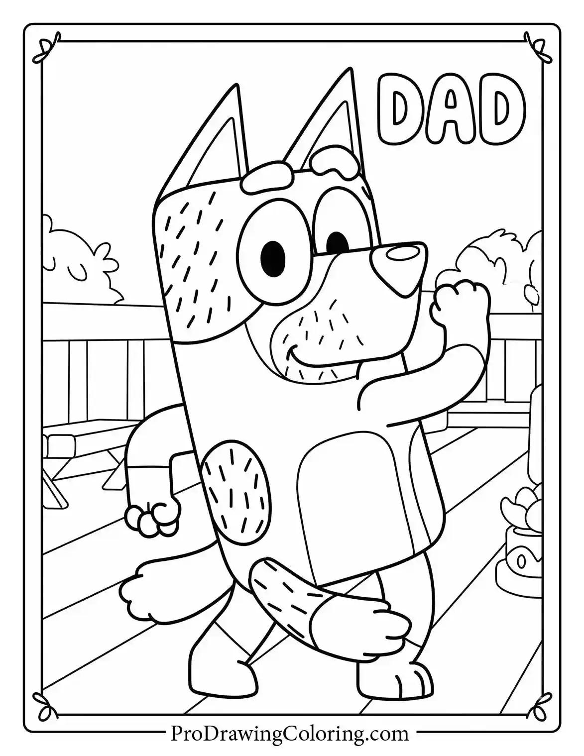Easy coloring sheet showing a happy dad from bluey dancing energetically.