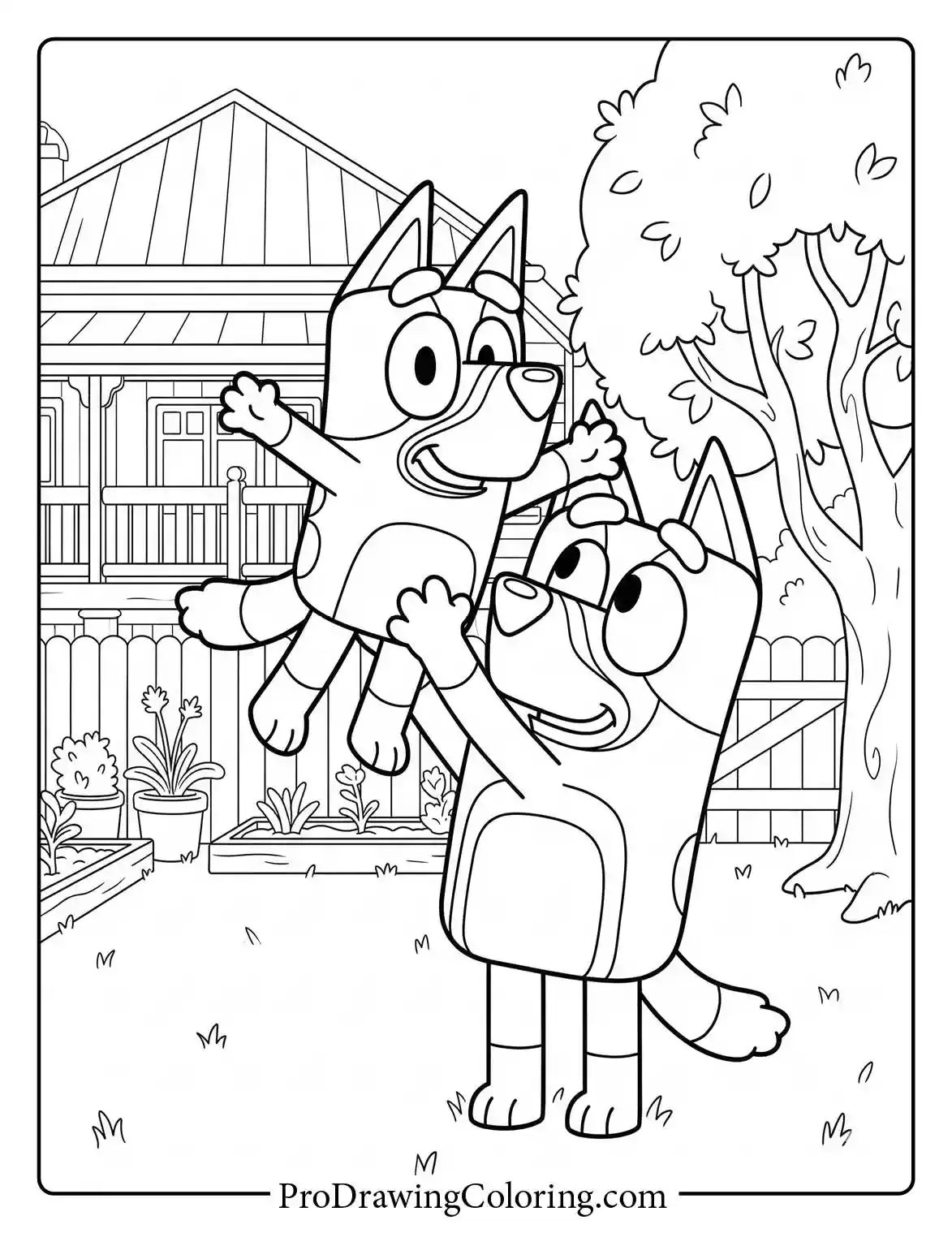 Happy Dad Bandit lifting Bluey high in the air in these printable coloring pages for kids.