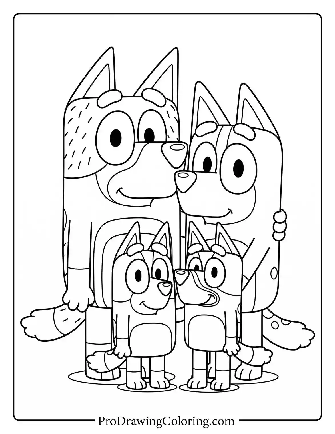 Happy Mom Chilli, Dad Bandit, Bluey and Bingo in this free bluey family coloring pages.