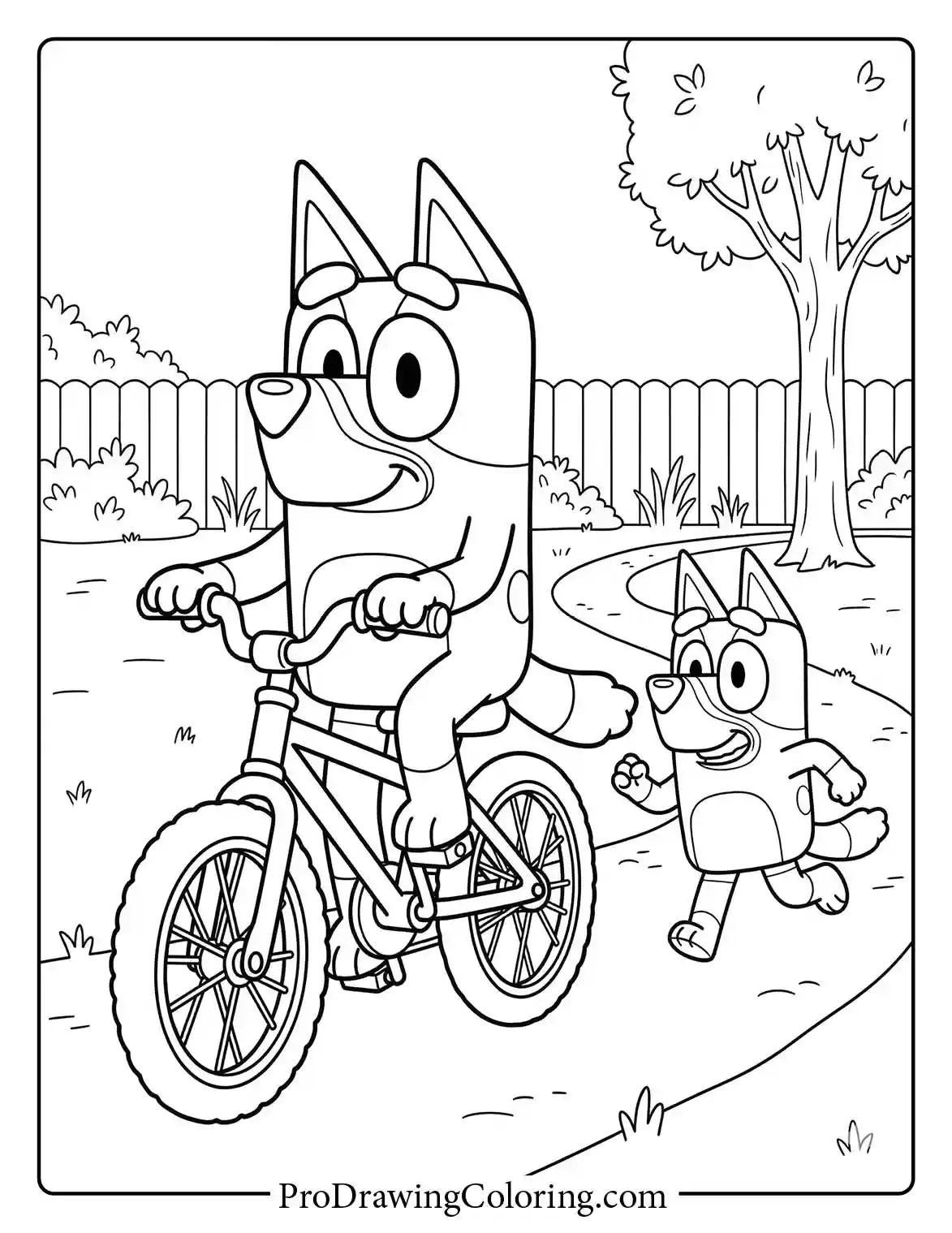 Happy printable from the bluey spring coloring pages showing Dad riding a bike with the kids.