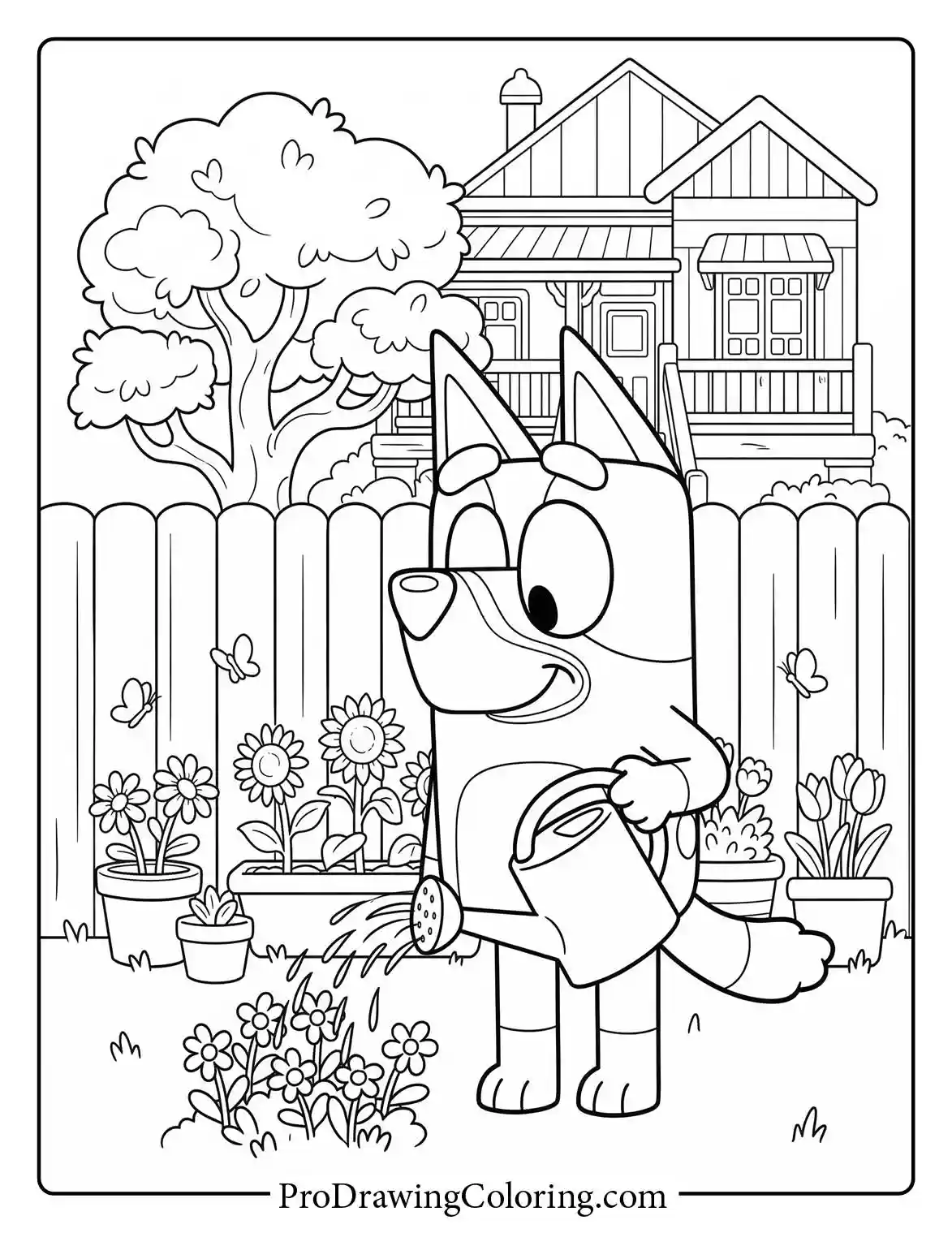 Bluey colouring page featuring the happy girl watering beautiful flowers in the spring garden.