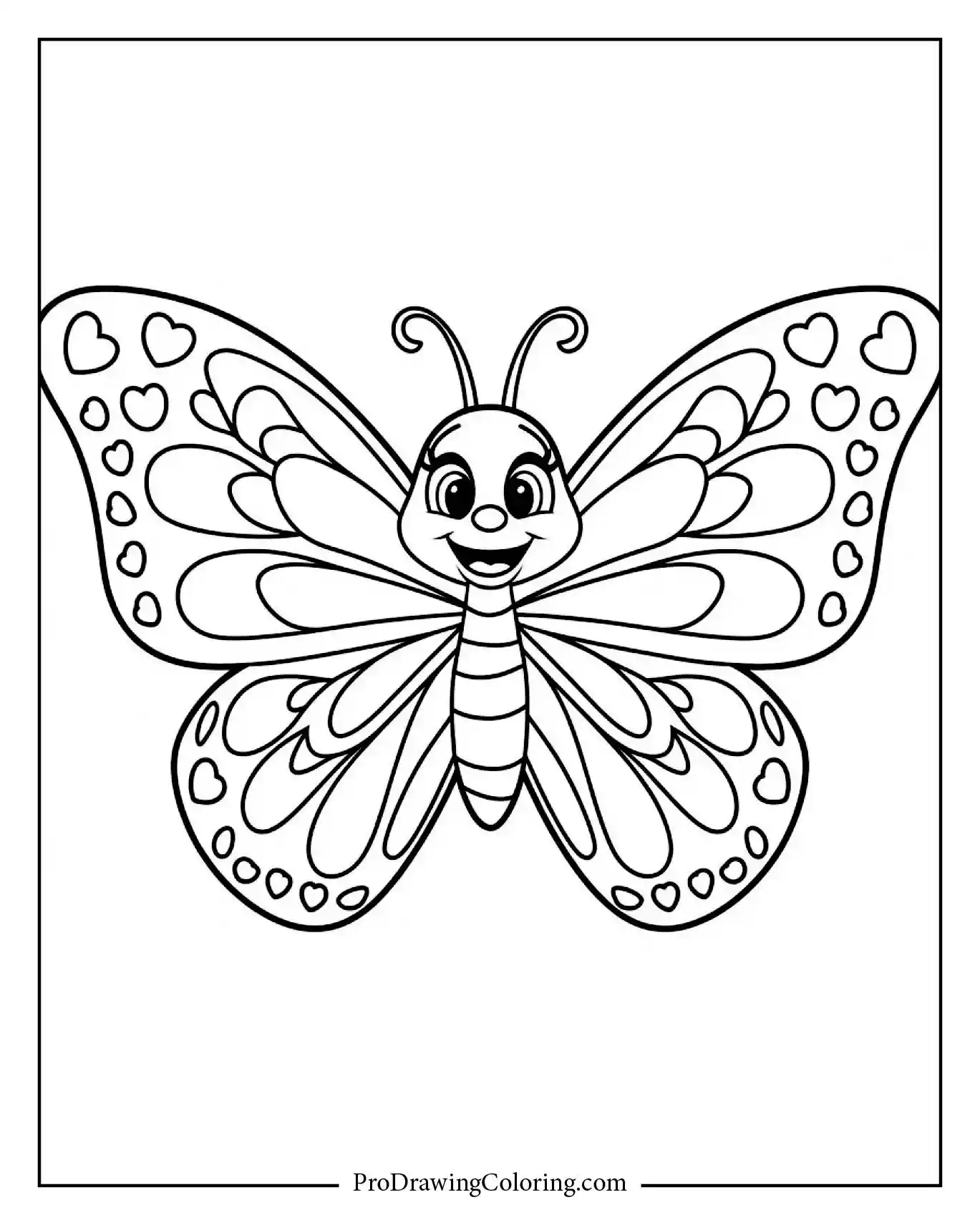 Happy butterfly with heart-shaped wing markings, kid friendly coloring sheet.