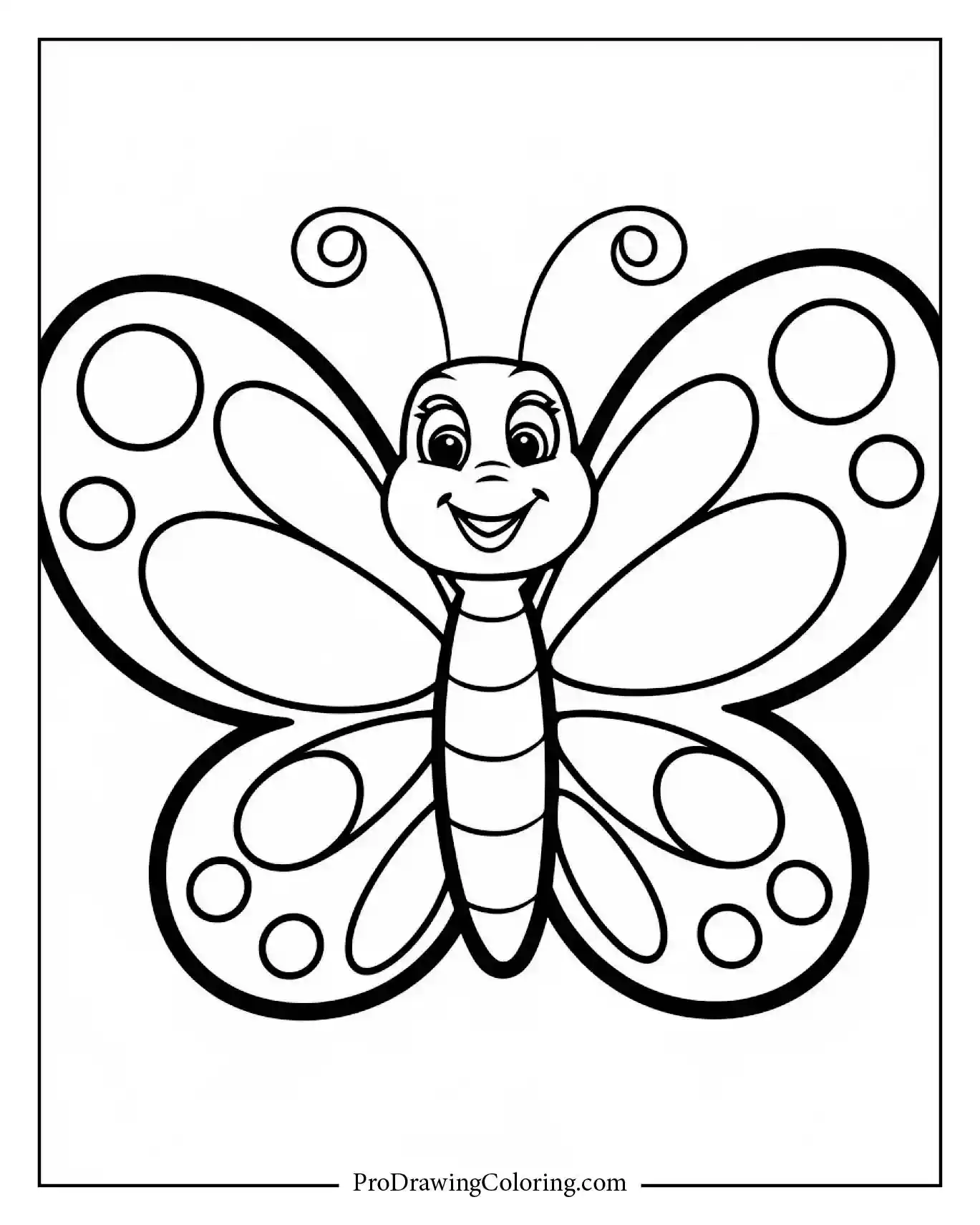 Happy butterfly large patterned wings kid friendly coloring design.