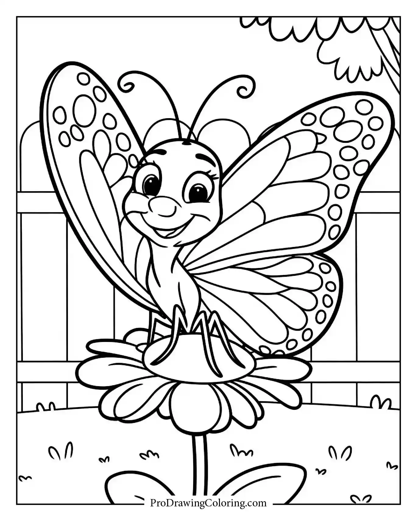Cute butterfly smiling on spring flower with fence background.