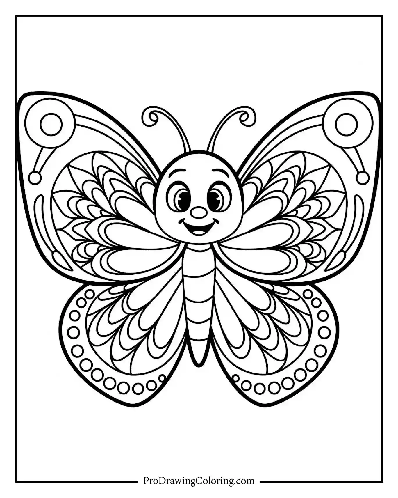 Smiling butterfly with simple feathers and curved wing shapes, perfect beginner coloring page for kids.