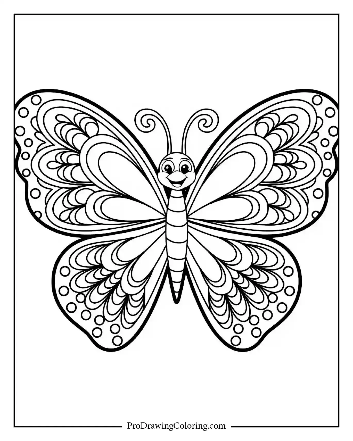Cute smiling butterfly with layered wing decorations, fun printable design for kids and beginners.