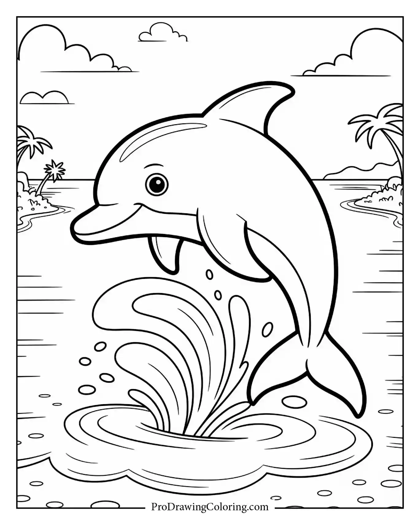 Beach coloring pages – happy dolphin jumping near the beach
