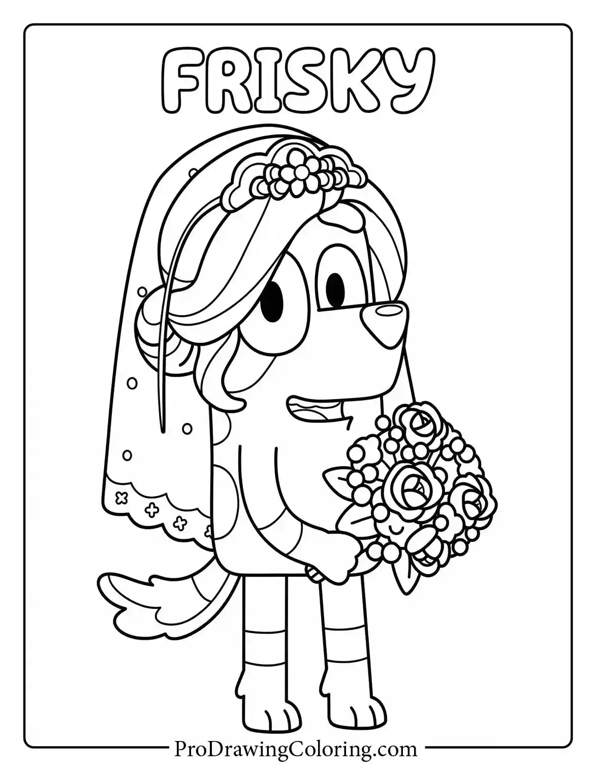 Happy girl Frisky in her wedding dress in this beautiful bluey picture to color.