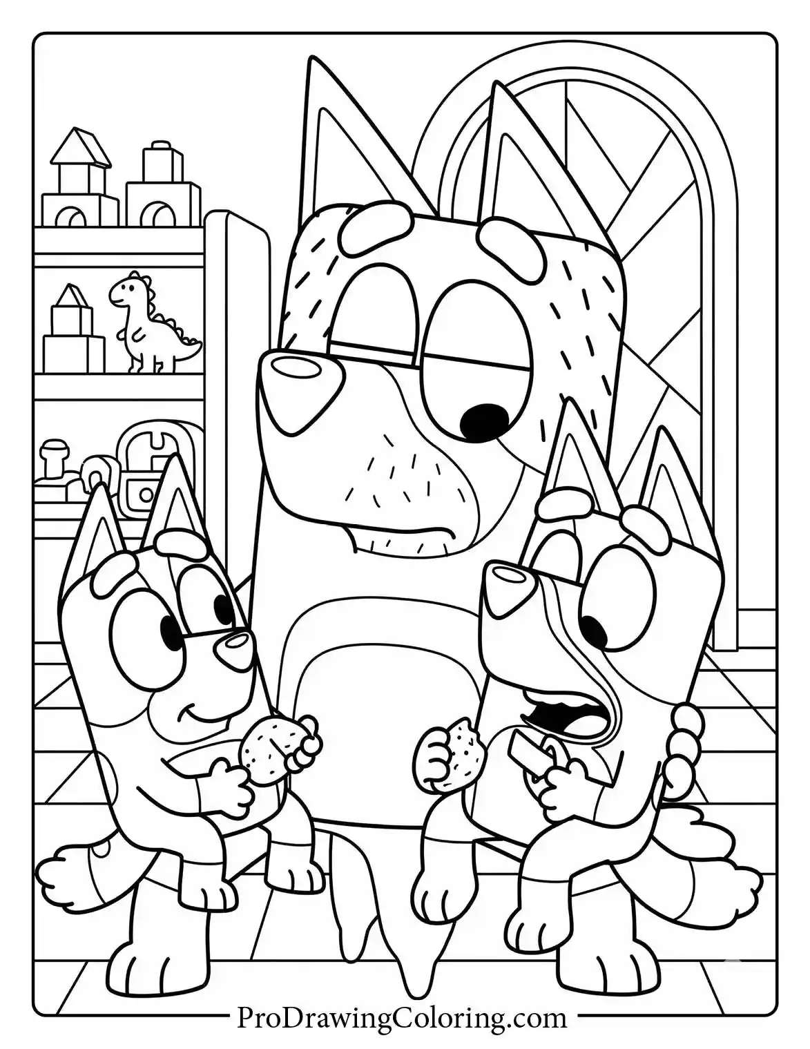 Happy kids Bluey and Bingo eating cookies with Dad Bandit in this easy coloring page.