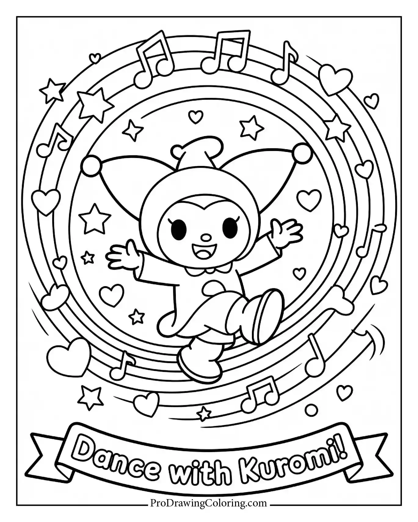Cozy happy Kuromi dancing coloring page, retro aesthetic, perfect for sharing fun with friends.