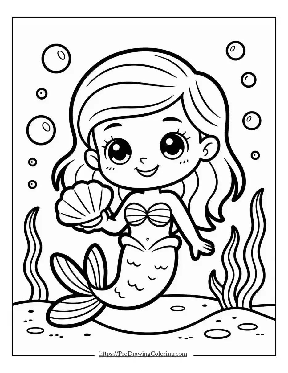 Happy mermaid holding shell, easy background, cartoon style coloring page