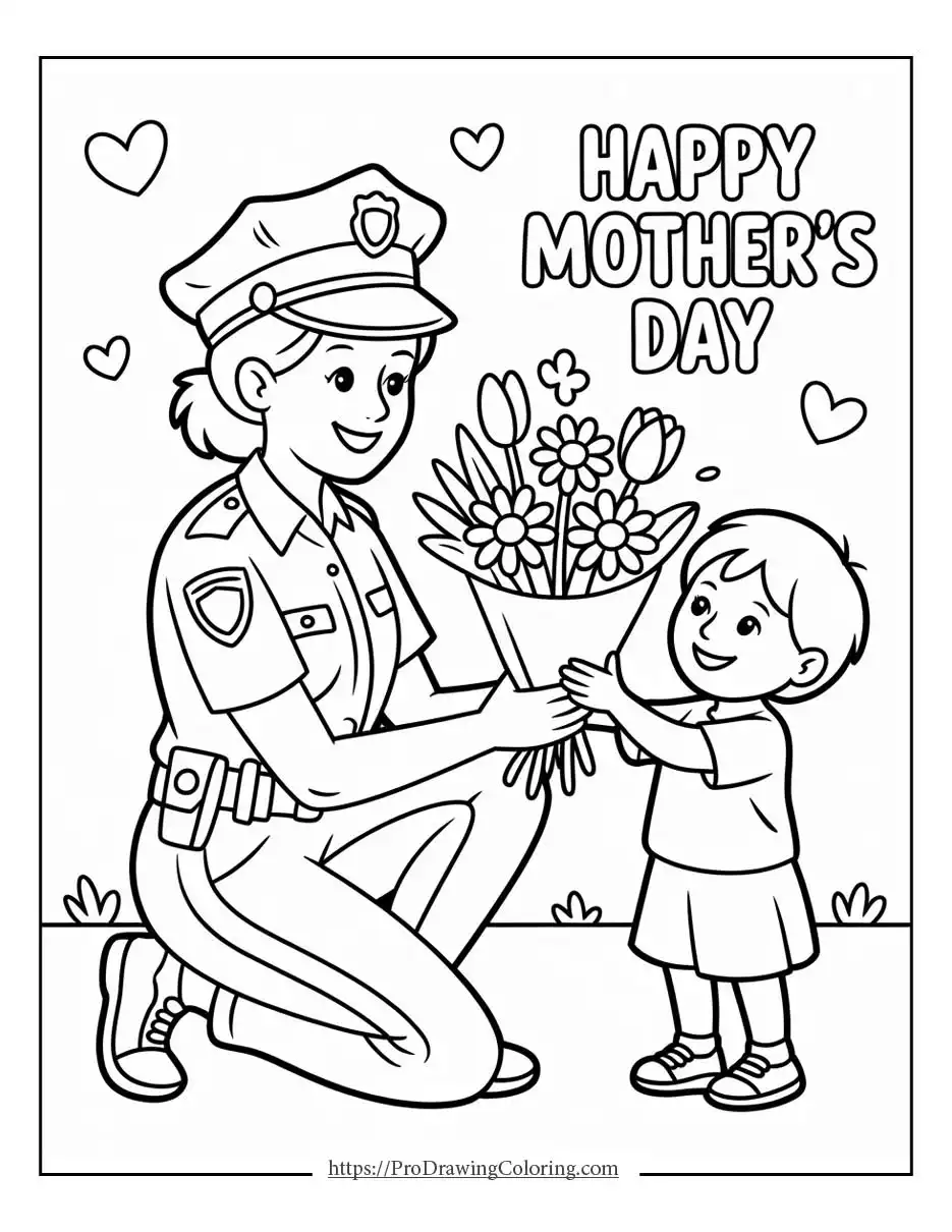 Child giving flowers to mom in uniform, meaningful Mother’s Day coloring page celebrating all moms