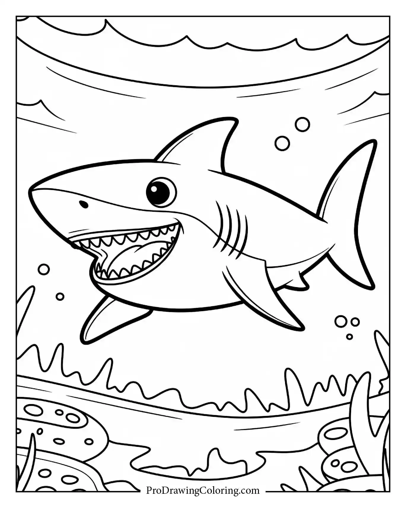 A friendly shark opening its mouth in a happy pose, drawn in clean bold lines
