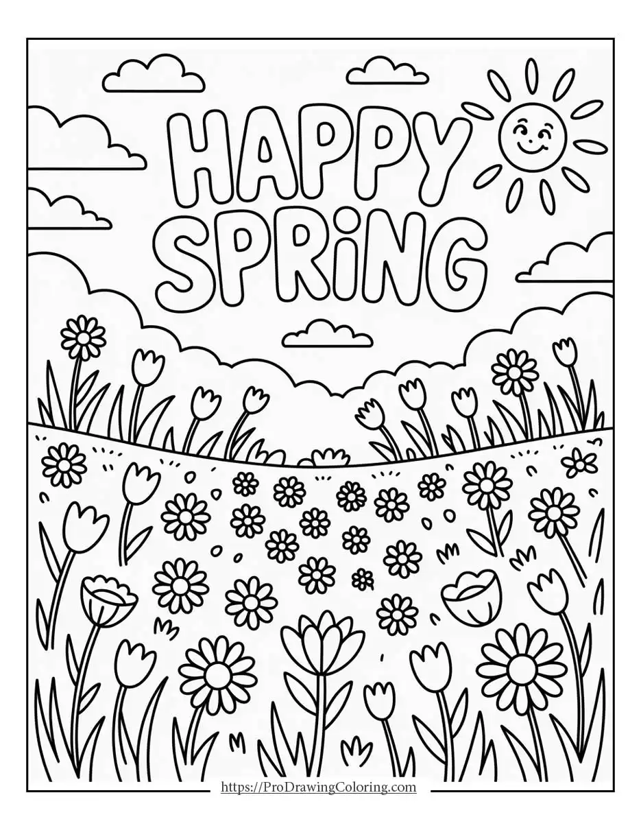 Joyful spring scene featuring flowers, trees, river, and happy spring message for happy spring coloring pages