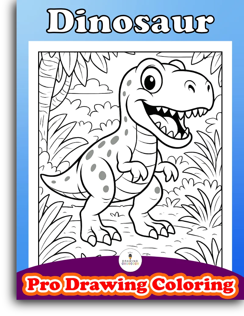 A super happy cartoon T-Rex in the jungle, free black and white printable for kids who love dinosaurs.