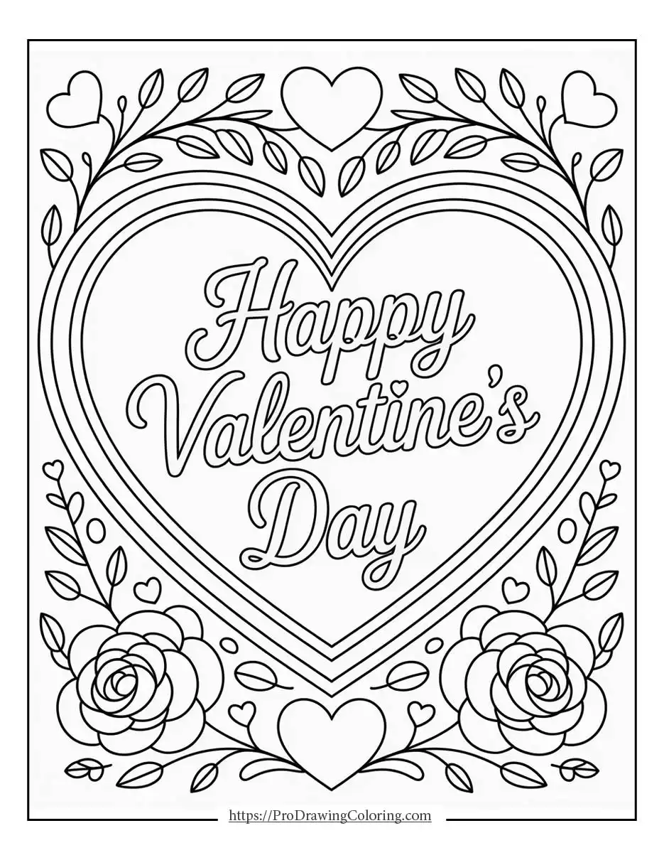 Happy Valentine’s Day coloring pages with floral heart design, printable coloring page with flowers and hearts