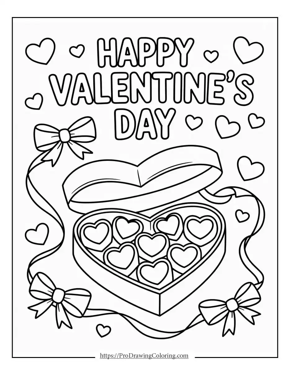 Happy Valentine’s Day coloring pages with heart-shaped chocolate box, printable coloring page for valentine’s day