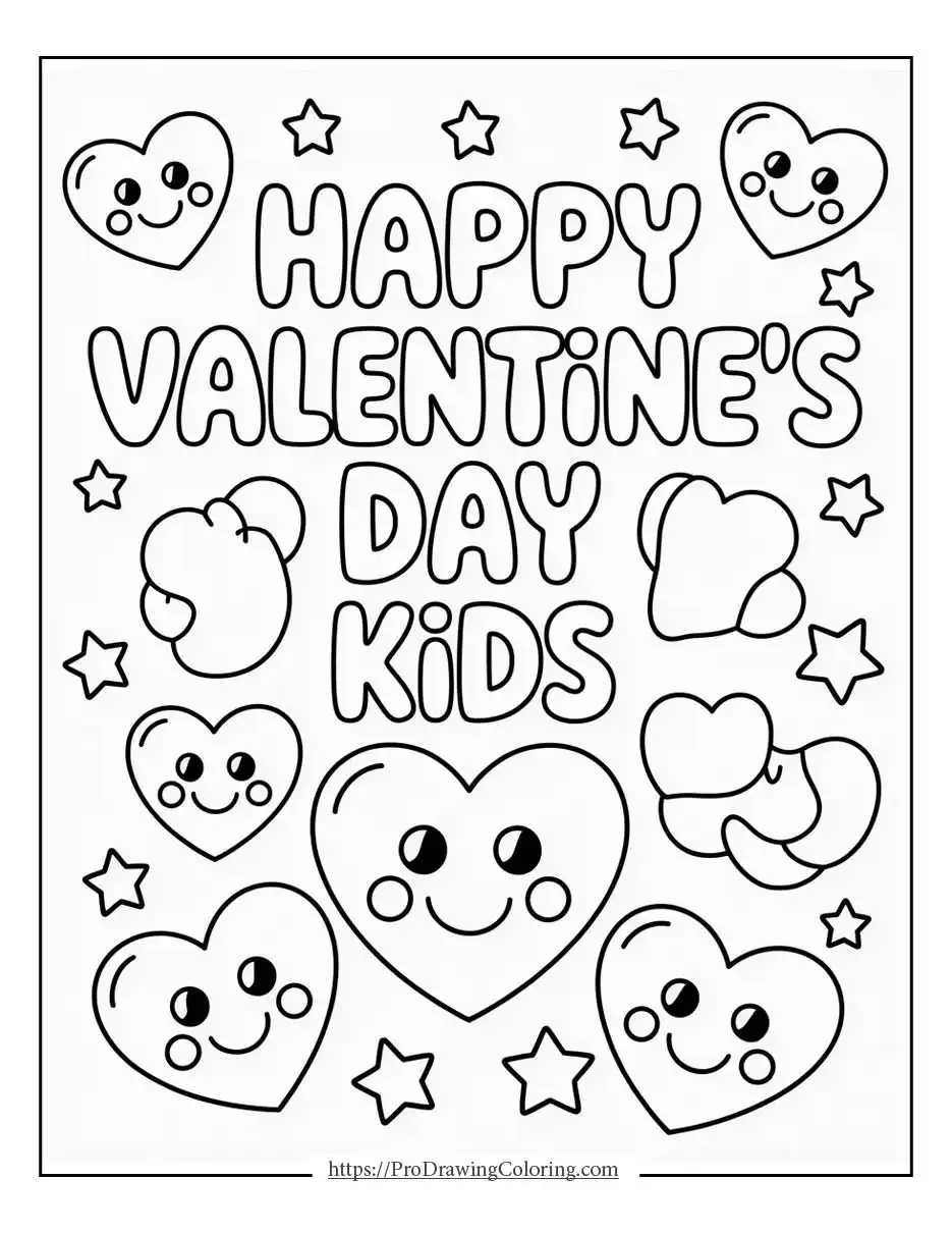 Happy Valentine’s Day coloring pages for kids with cute smiling hearts, easy printable coloring page