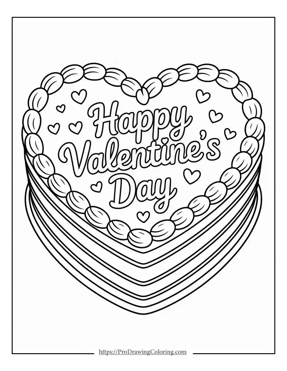 Heart coloring pages with Happy Valentine’s Day lettering inside a decorative heart frame