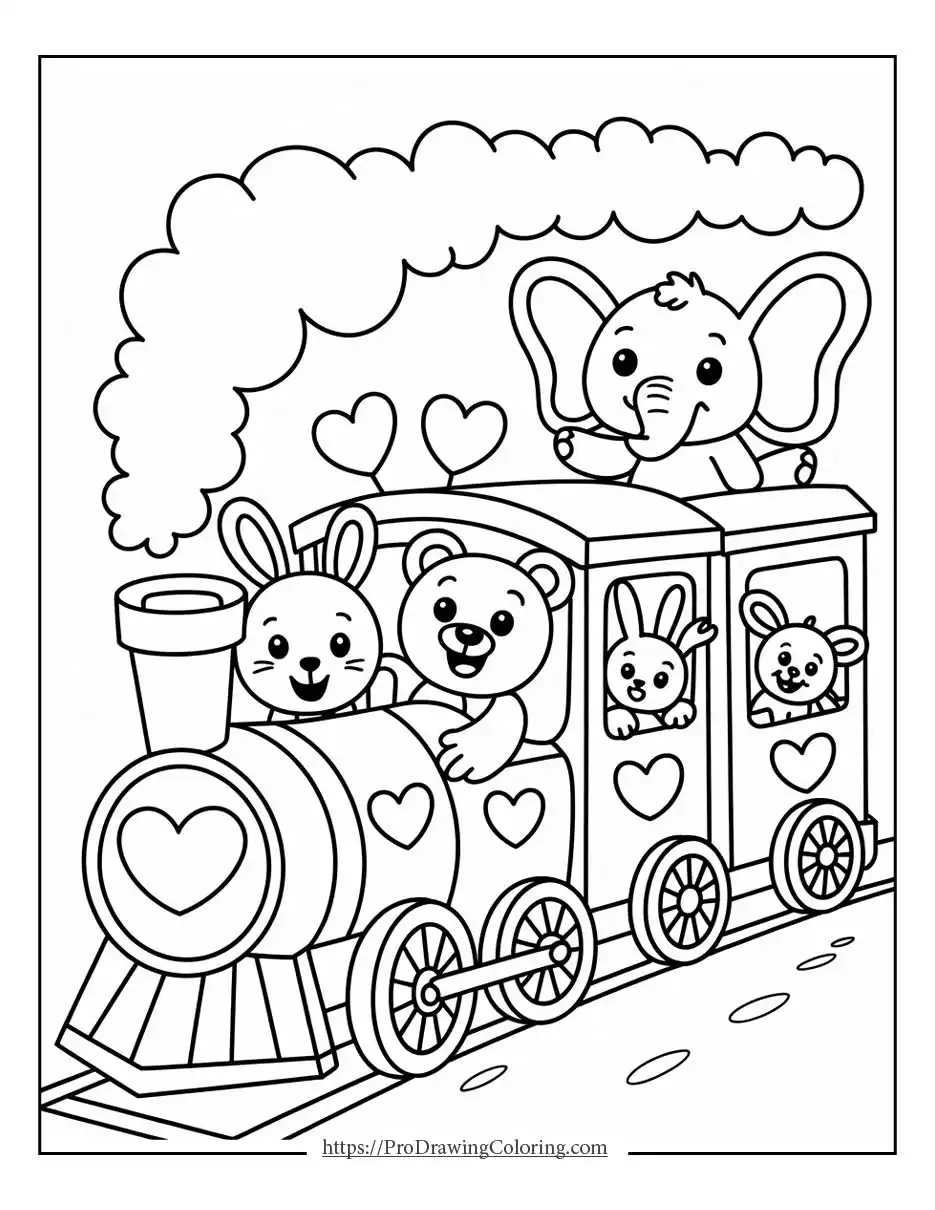 Smiling animals riding a small train decorated with heart shapes and playful details