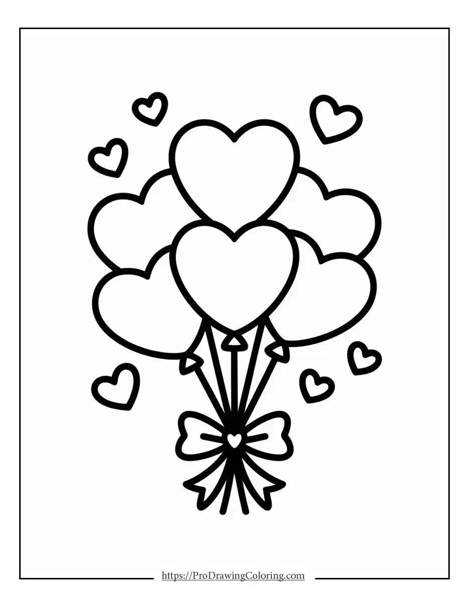 Group of heart-shaped balloons tied together with a bow, surrounded by small floating hearts