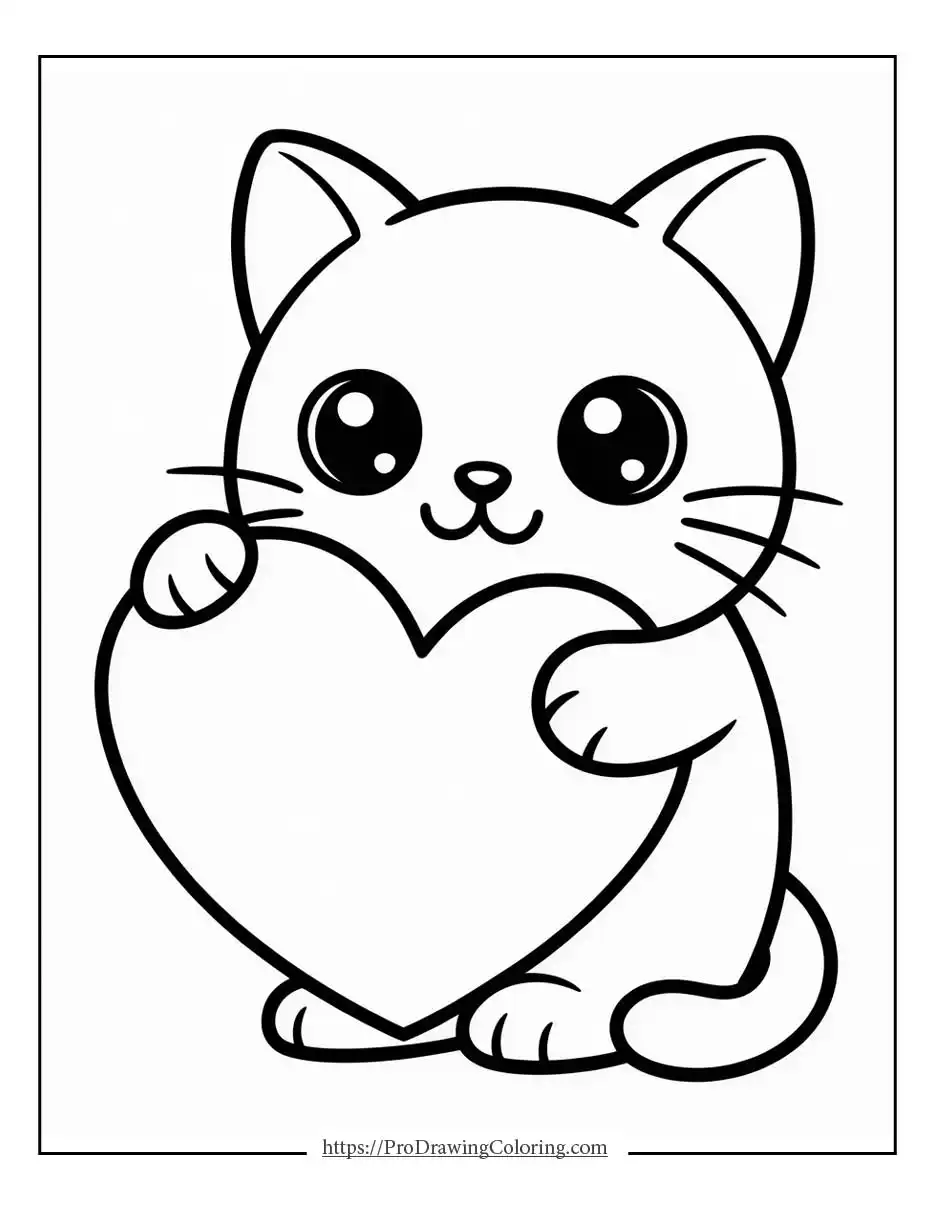 Adorable kitten holding a large heart with big expressive eyes and a friendly smile
