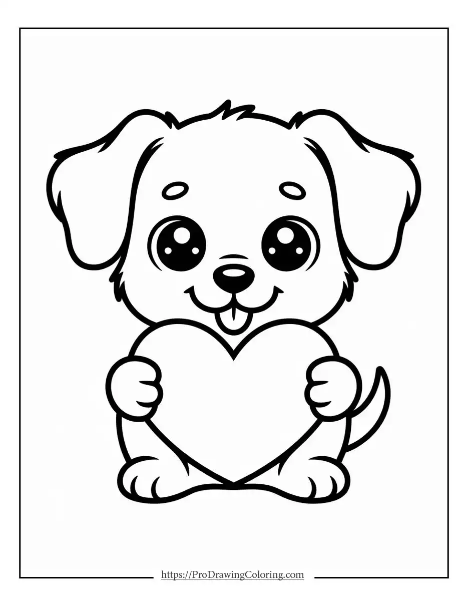 Happy puppy holding a heart shape with a playful expression and rounded cartoon style