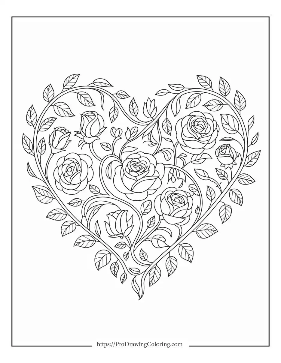 Heart-shaped illustration filled with roses, flowers, and flowing leaves in an elegant floral composition
